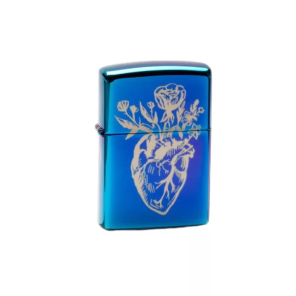 Classic blue heart vase design with gold flowers on Zippo lighter.
