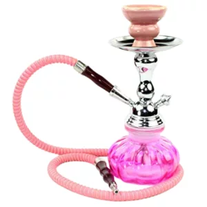 Stylish pink hookah with curved body, long metal handle, and silver accents. Smoke billows out of top. Placed on white background with leaves in foreground.