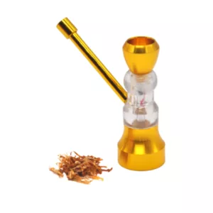 Gold sand timer hookah with metal base and clear glass top, holding a small amount of tobacco.