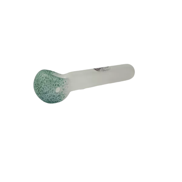 A clear, round glass pipe with a smooth, white bowl and blue swirl pattern. The bowl is placed inside the pipe, leaving the stem open. The stem is slightly curved and has a smooth, glossy finish.