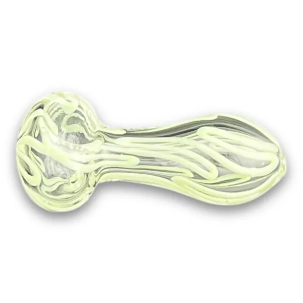 Swirled glass pipe with long, curved shape and small, round base, sitting on white background.