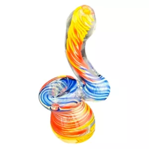 Swirled glass snake pipe in blue, red, and yellow - Mini Ecuador Bubbler.
