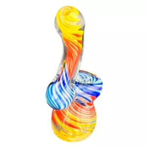This Mini Ecuador Bubbler by CCWPF282 features a colorful, swirling glass design with abstract shapes and varying levels of transparency.