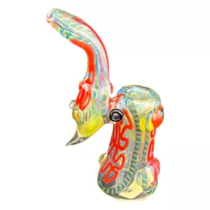Colorful 3D glass bubbler with bird design, large bowl and small stem.