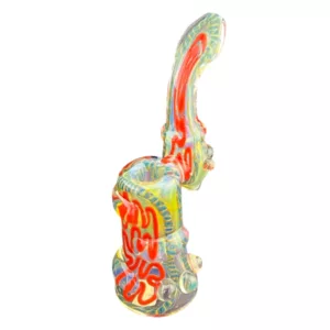 Abstract fish-shaped sculpture with bright colors and small abstract shapes on its body. Perfect for smoking enthusiasts.