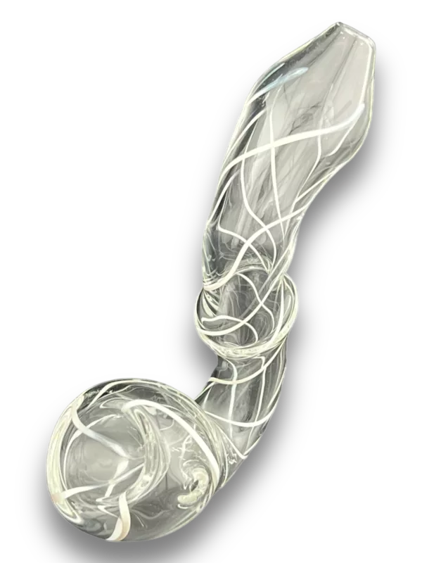 Handcrafted clear glass pipe with swirled patterns and dual handles for a unique smoking experience.