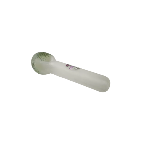 Clear glass pipe with small white bowl and circular design, sitting on green background.