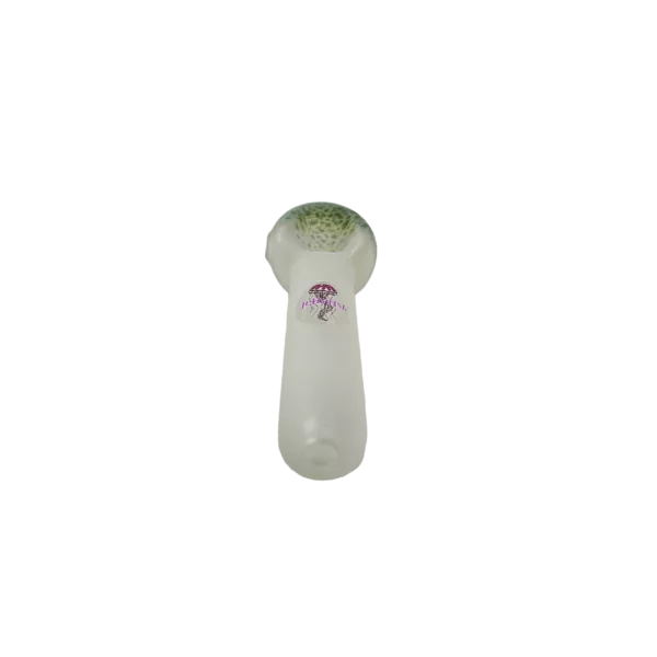 White plastic pipe with green and purple floral design, small hole at end. Made of plastic, image on green background.