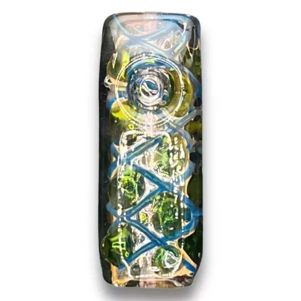 Stunning glass vase with blue and green intertwined design. Perfect for adding a touch of elegance to any room.