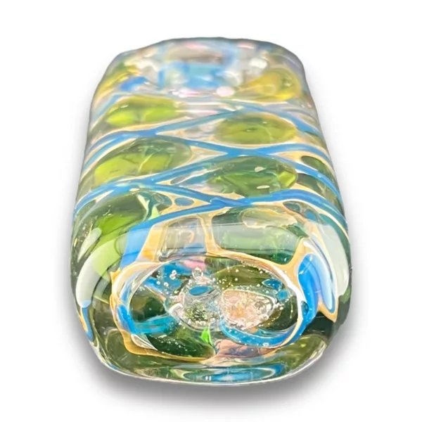 Green glass fish-shaped bottle with yellow/blue swirl design and curved handle for Scaly Fish Stick RRR478.