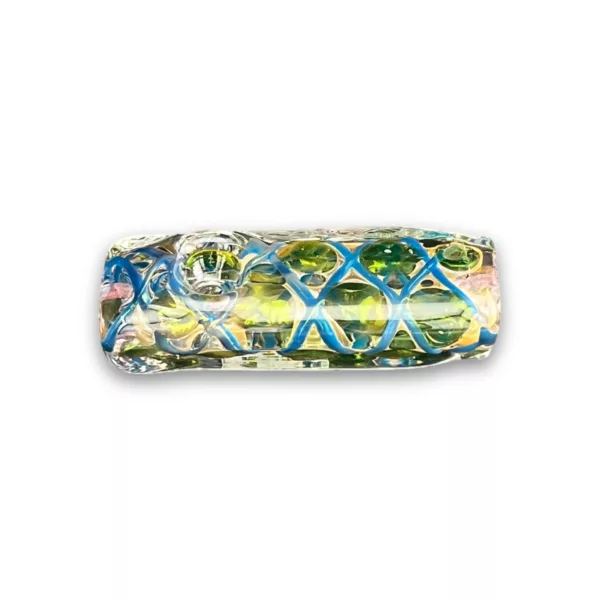 Blue and green patterned glass pipe, small hole at end, clear glass, vibrant colors, white background.