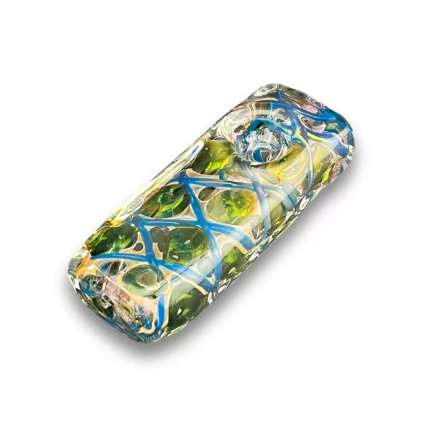 Hexagonal glass stick with smooth, colorful beads in blue and green, resembling small fish. Connected by silver wire and embedded in stick. Close-up view shows intricate patterns.