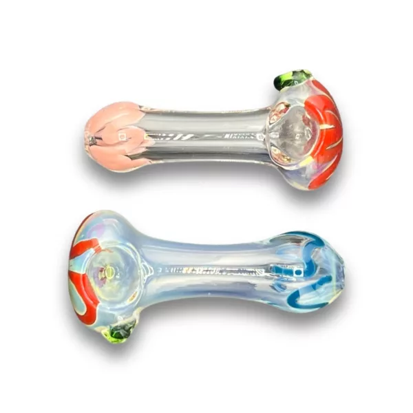 glass pipe with a red, white, and blue design and a green, yellow, and purple design. It is clear and cylindrical.