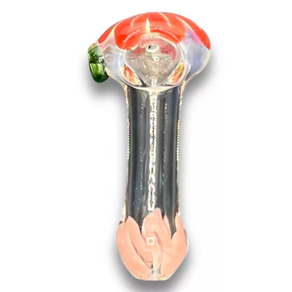 Elegant and unique glass pipe with red flower design. Clear pipe has small hole at top and base.