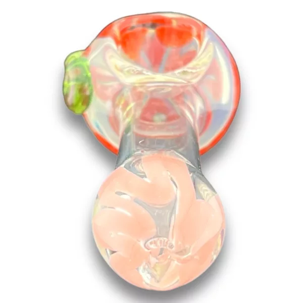 Hand pipe (Coral VS46) with pink and green design on clear bowl and long, curved stem. Decorated with small white dots.