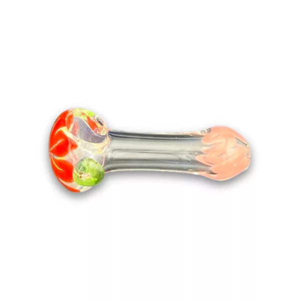 Visually appealing glass Coral Hand Pipe with colorful, eye-catching design and small bowl and stem.