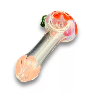 A colorful, flower-shaped glass pipe with a small hole at the end, sitting on a white surface.
