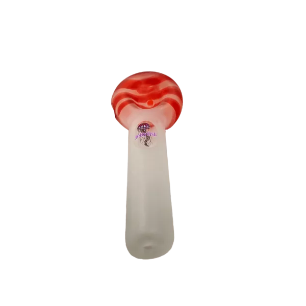 Striking red and white striped jellyfish-shaped vaporizer with long curved tentacle and small circular mouth.