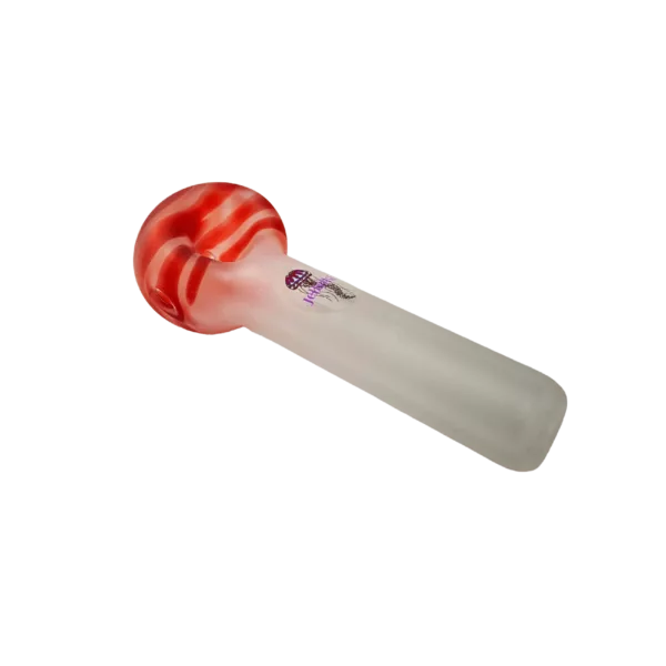 red and white striped glass pipe with a small white bowl and stem. It sits on a green background.