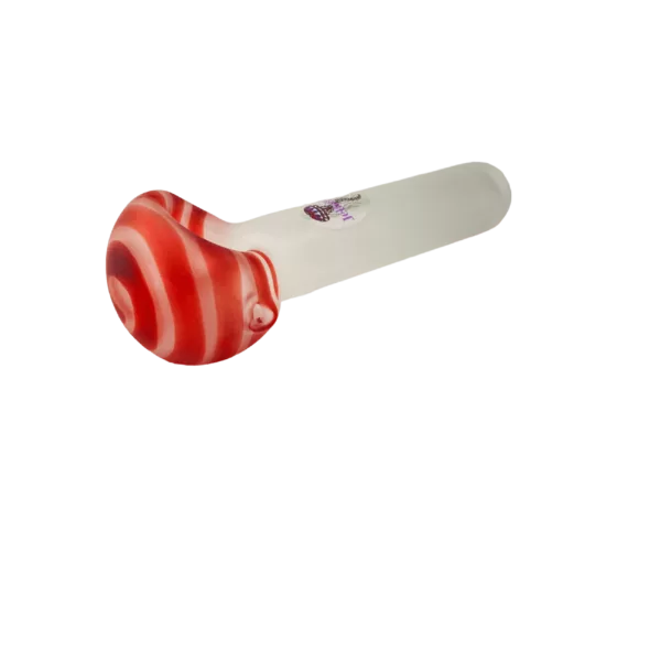 Red and white striped bubble glass water pipe with long stem and small base. Small hole at end for smoke passage.
