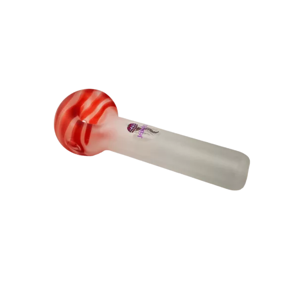 Handcrafted glass smoking pipe with red and white stripes, featuring the words 'Smoke Co' on the side and a transparent stem and mouthpiece.