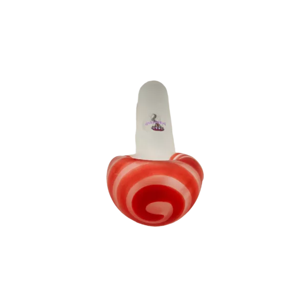 Striking red and white striped jellyfish-shaped candy with a transparent body and small head, floating in front of a green background.