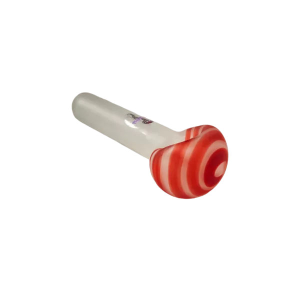 Red and white striped, bell-shaped glass pipe with silver base and mouthpiece. Perfect for smoking.