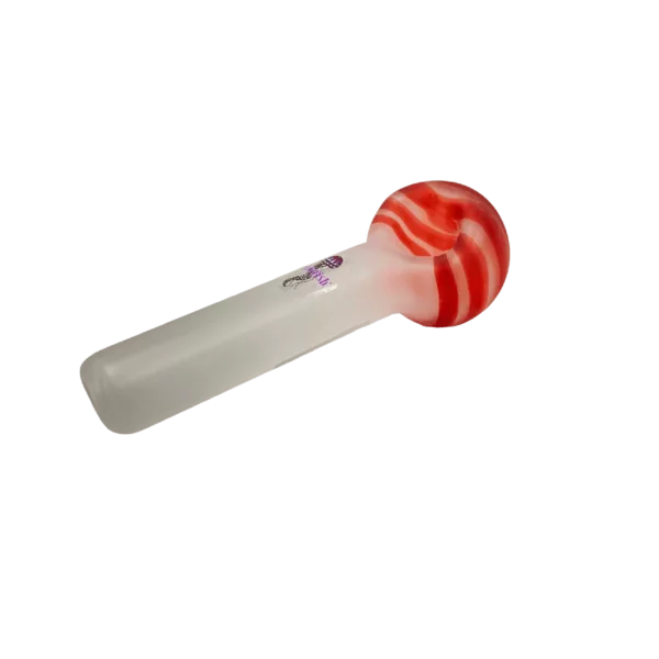 Smooth, round glass pipe with red and white stripes for smoking tobacco or other substances.