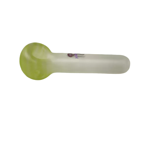 Yellow plastic pipe with green and purple stripes, small hole at end, rounded base and flared neck. Small round mouthpiece.