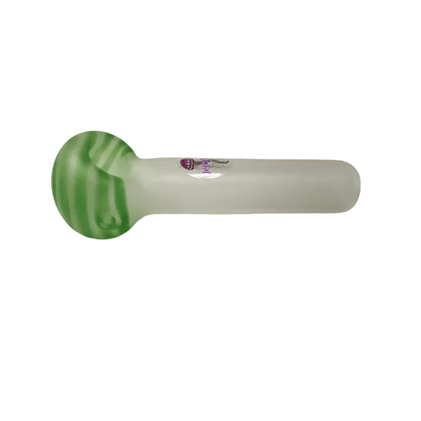 Glass pipe with green and white stripes. Clear glass. Small hole at end. Green background.