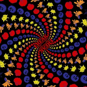 Psychedelic tapestry with swirling pattern of bright colors (red, yellow, blue, black) in circular shape. Abstract design with no recognizable subject.