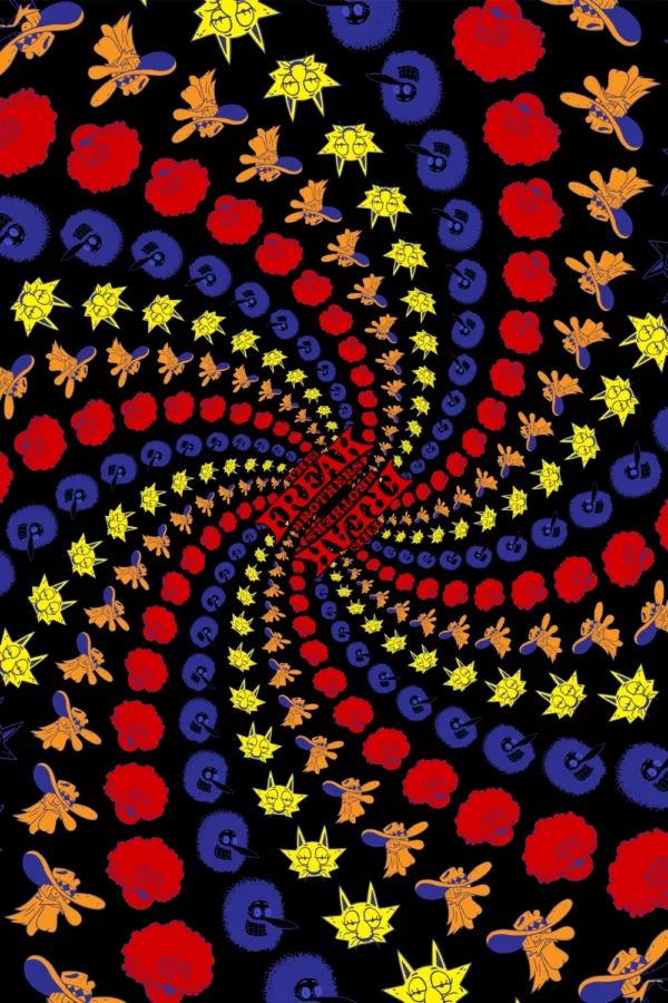 Psychedelic tapestry with swirling pattern of bright colors (red, yellow, blue, black) in circular shape. Abstract design with no recognizable subject.