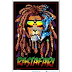 Colorful poster featuring a lion smoking a cigarette with dreadlocks and sunglasses, wearing a red and black outfit. Bold text reads 'Rastafari' at the top and 'Babylon System' at the bottom.