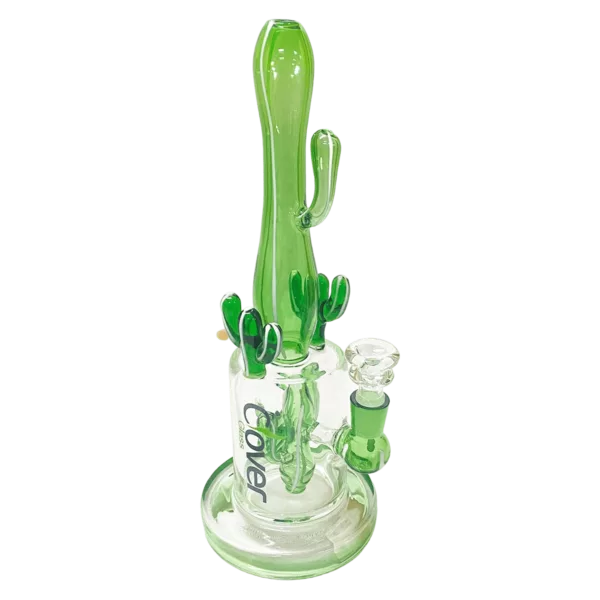 Cactus-themed bong with green stem and white base, featuring a clear glass base with a small cactus design and a side hole.