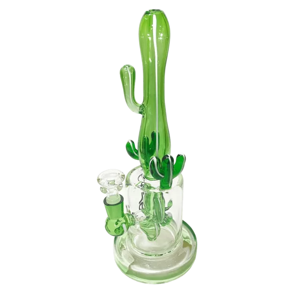 Cactus pattern etched green glass bong with long curved neck, circular percolator, and small circular mouthpiece. Large round downstem with circular bowl featuring a small center hole and cactus pattern.