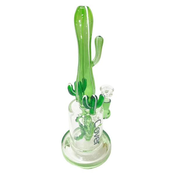 Cactus-shaped water pipe with green stem and clear base, featuring a small hole at the top.