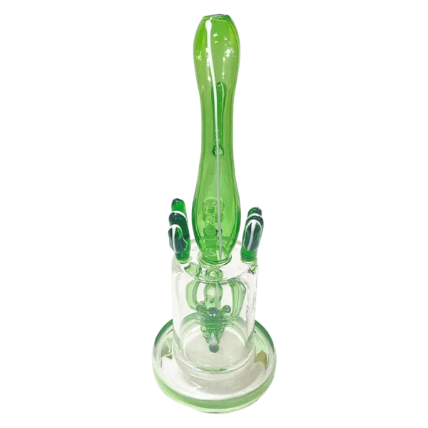 Stylish green glass bong with clear stem and stand. Small holes at top and bottom. Set on a green background.