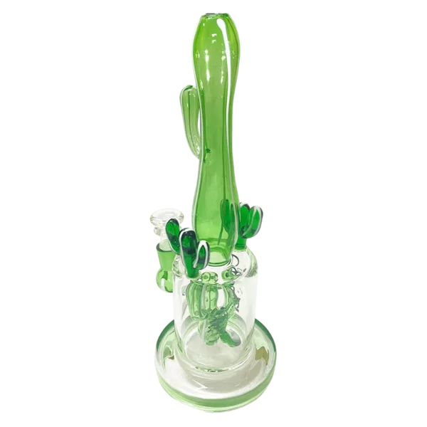 Cactus design glass bong with clear cylindrical shape and small circular base. Features a circular mouthpiece and circular hole in the center of the base. Perfect for smoking enthusiasts.