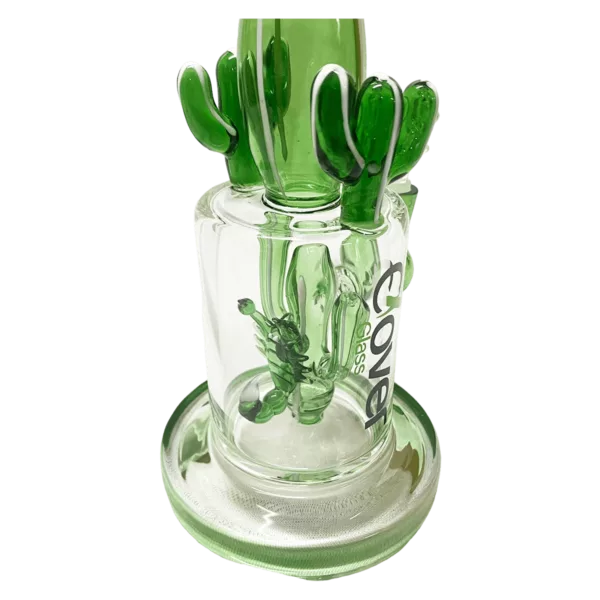 Cactus-themed water pipe with green stem and clear base, on a matching stand with a green leaf on top.