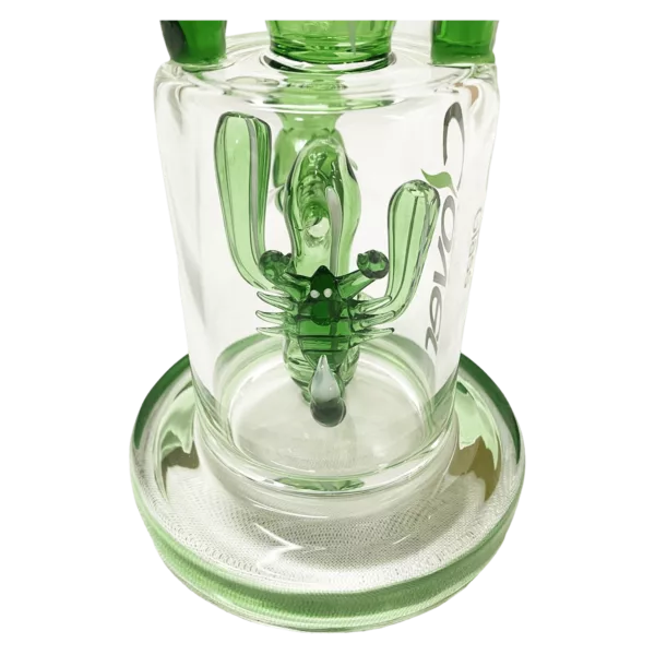 Unique modern cactus glass water pipe with clear glass and green leaves. Well-lit and detailed. CCWPD260.