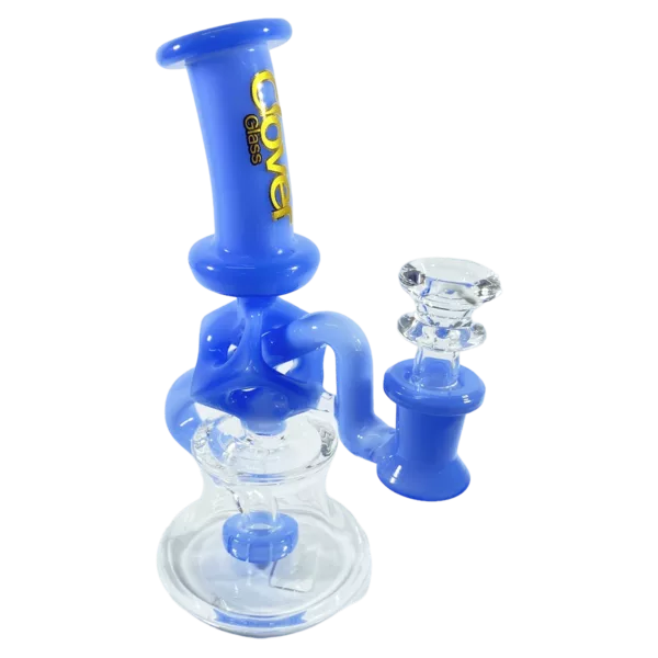 Stylish blue glass bong with clear bowl and gold accent ring on stem.