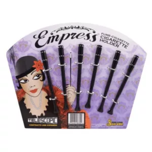 6 Telescopic Cigarette Holders in 1920s flapper style, including silver, gold, and pink. Clear plastic case with 'Empress' written on it. White background.