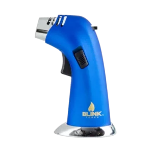 compact, easy-to-use blue cigarette lighter with a chrome base, nozzle, and black tip. The brand name is written in white letters on the front and Blink is written in blue letters on the back.