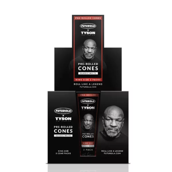 Elegant, professional, and modern packaging for Tyson pre-rolled cones with a red and white design.