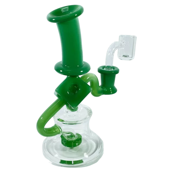 Green and clear glass bong with clear stem, bowl, and mouthpiece. sits on green stand with hole for stem.