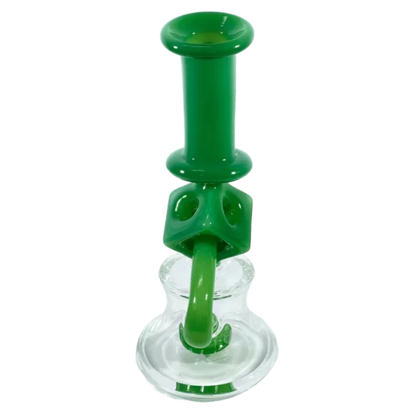 A clear glass water pipe with a square base and triangular stem, featuring a small circular joint on the end. The base is taller than the stem and has a flat bottom.