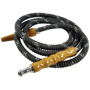 Metal mouth tip wood hose for smoking, coiled and ready to use.