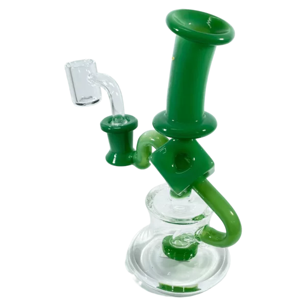 clear glass bong with green accents and a small clear bowl on top, attached to the stem with a clear plastic joint.