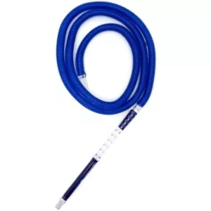 Disposable hose for cleaning, made of smooth plastic with blue and white color scheme, held in place with metal clamp and blue plastic handle.