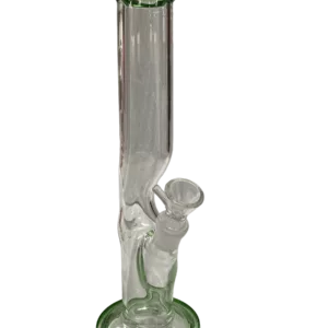 A transparent glass pipe with a curved and straight metallic stem, featuring a small transparent base with a hole at the top.